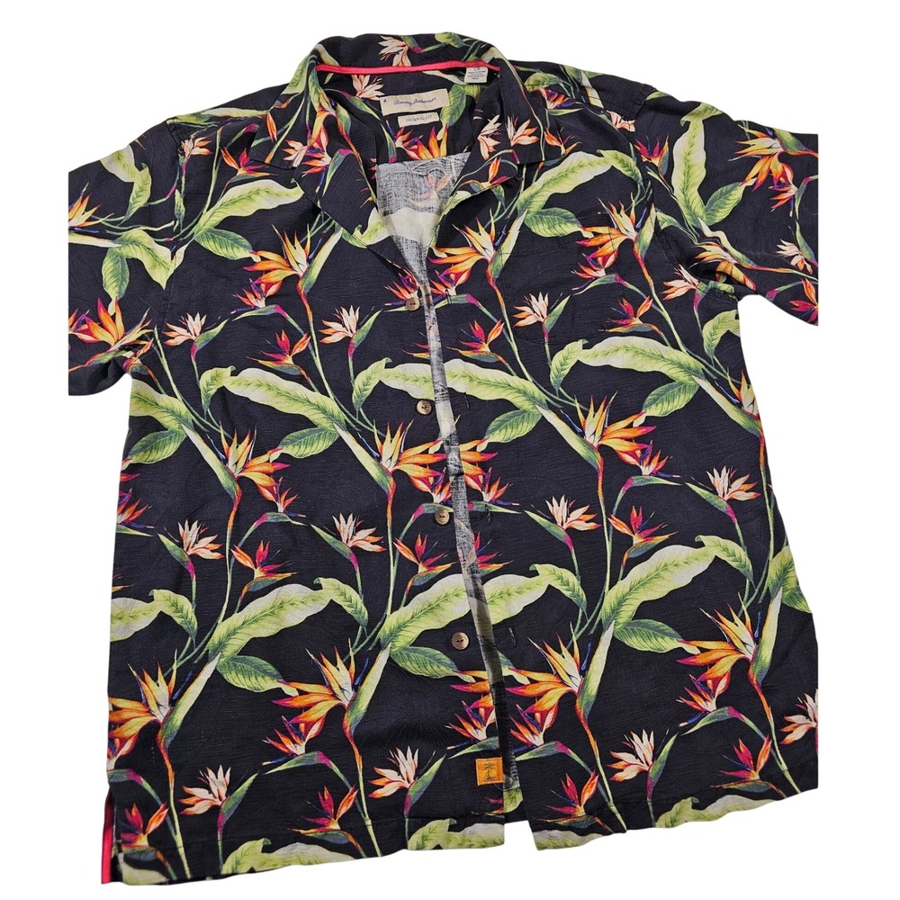 Tommy Bahama Mens Lg Silk Bird of Paradise Floral Camp‎ Shirt Black Original Fit